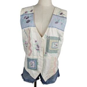 Vintage‎ 90s Pastel Applique Vest L Ivory Embroidered Patchwork